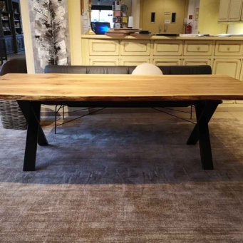 HEIDER Esstisch Wohnambiente 240 x 95-105 cm Nussbaum massiv mit Baumkante/Metall schwarz